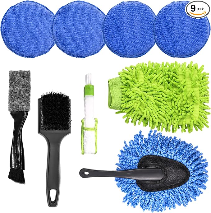 9Pcs Auto Cleaning Tools Set Contains Wheel Brush, Wash Mitt Microfiber, Foam Sponge Wax Applicator, Extendable Handle I