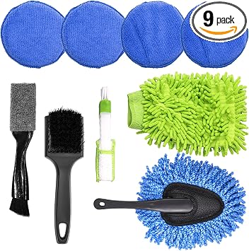 9Pcs Auto Cleaning Tools Set Contains Wheel Brush, Wash Mitt Microfiber, Foam Sponge Wax Applicator, Extendable Handle I