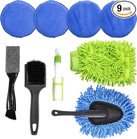 9Pcs Auto Cleaning Tools Set Contains Wheel Brush, Wash Mitt Microfiber, Foam Sponge Wax Applicator, Extendable Handle I