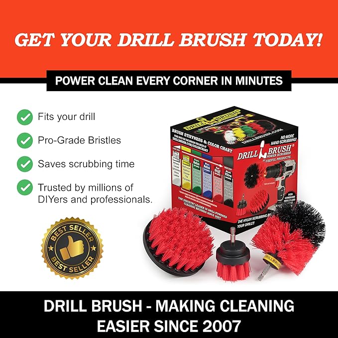 Drillbrush Heavy Duty Stiff Bristle Brush Kit – Power Scrubber Attachment for Concrete, Brick, Siding, Stone, Driveways, Fireplaces, Hard Water Stains, Gravestone & Cemetery Headstone Cleaning Brushes