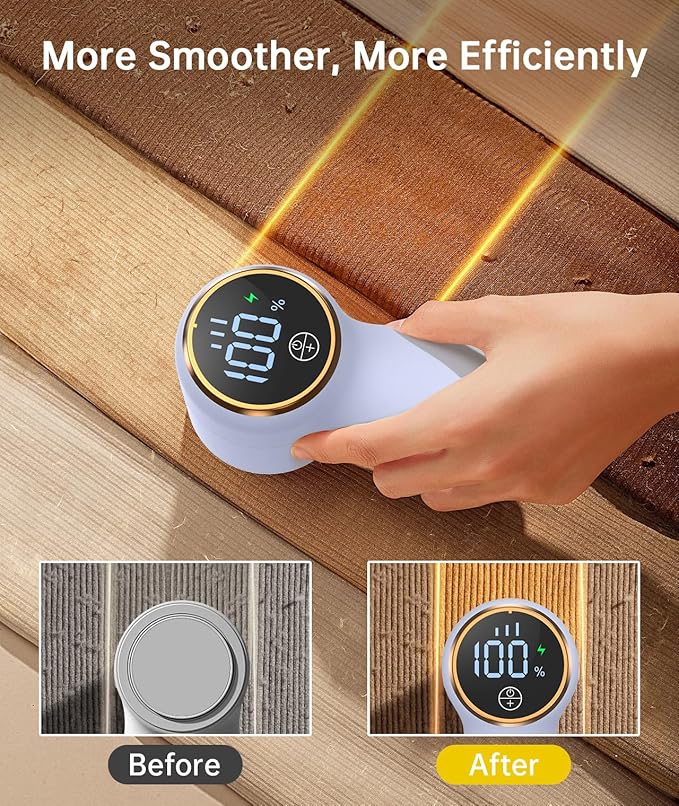 Rechargeable Fabric Shaver Lint Remover, Sweater Shaver with 3-Speed Control, LED Display Clothes Shaver, 6-Leaf Stainless Steel Blades, Suitable for Clothes, Sweater, Couch, Blanket, Wool (Purple)