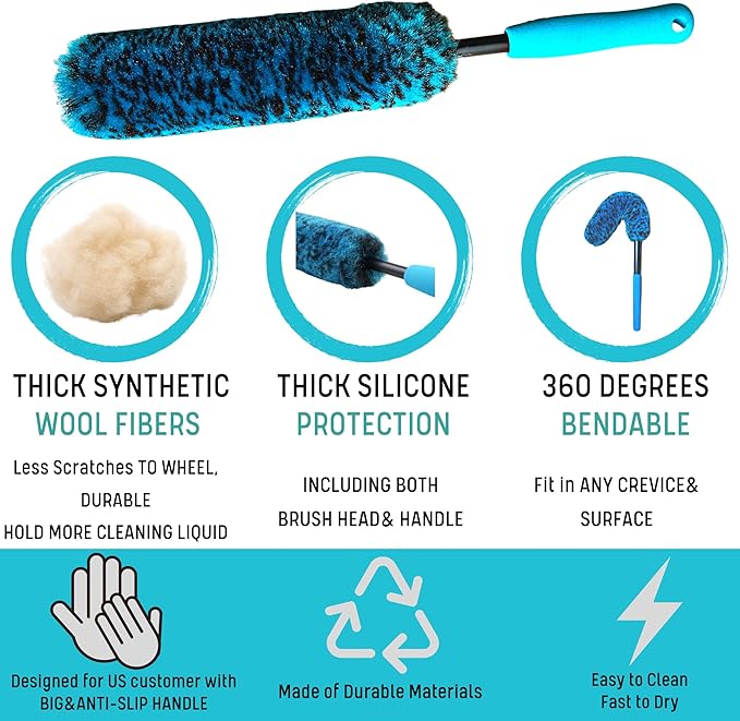 oesee PRO Choice 4 Pack Long Handle Wheel Brush Kit for Cleaning Wheel and Tire- 2X Soft Wheel Cleaning Brush, Detailing Brush and Stiff Tire Brush