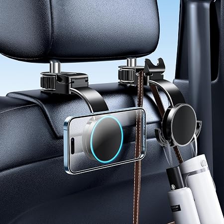1 Pack Headrest Hook for Car Seat Back with Magnetic Phone Holder, Multifunctional Car Seat Hooks for Purses and Bags Ha