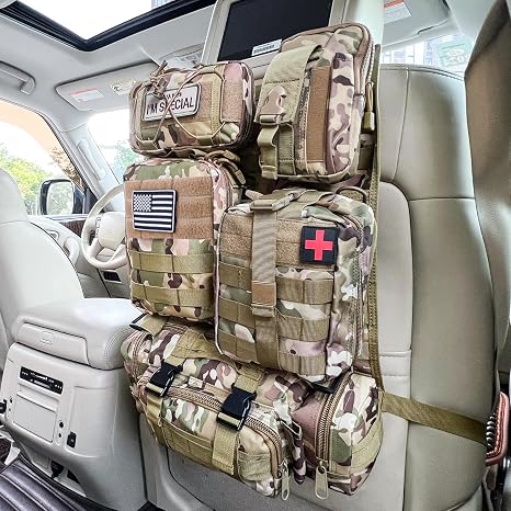 Tactical Vehicle Seat Back Organizer, Universal Tactical Seat Cover Molle Panel with 5 Detachable Pouches - Medical, Pho