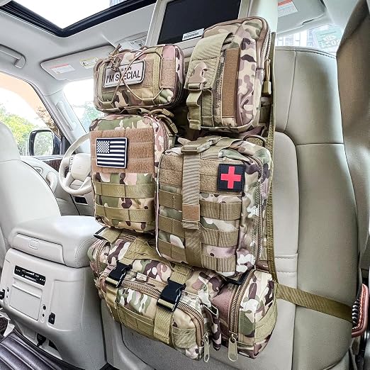 Tactical Vehicle Seat Back Organizer, Universal Tactical Seat Cover Molle Panel with 5 Detachable Pouches - Medical, Pho