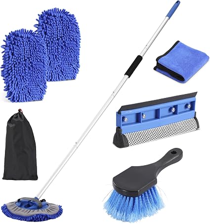 Car Wash Brush with Long Handle, 60'' Car Wash Mop, 7Pcs Chenille Microfiber Cars Washing Kit with Window Squeegee/Micro