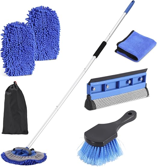 Car Wash Brush with Long Handle, 60'' Car Wash Mop, 7Pcs Chenille Microfiber Cars Washing Kit with Window Squeegee/Micro