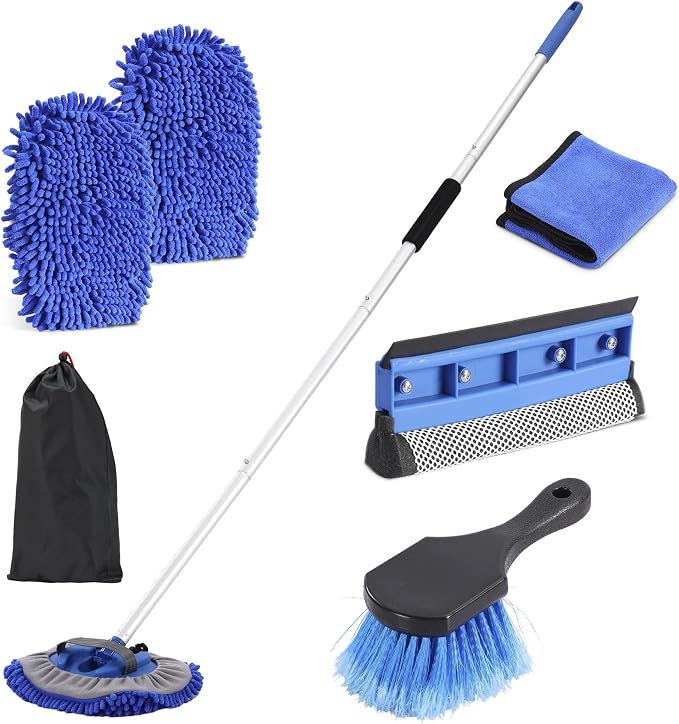 Car Wash Brush with Long Handle, 60'' Car Wash Mop, 7Pcs Chenille Microfiber Cars Washing Kit with Window Squeegee/Micro
