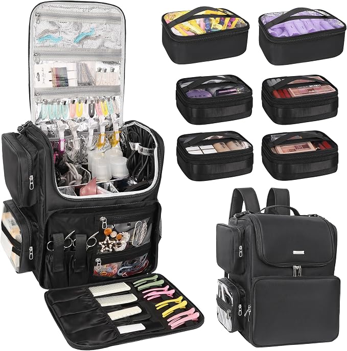 Relavel Hair Tools Travel Bag with 6 Pcs Clear Bags, Hair Stylist Backpack Hairdresser Cosmetology Bag, Heat Insulation 