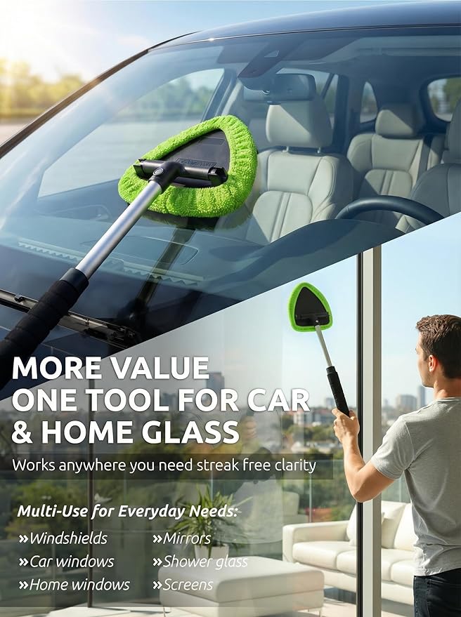 TAKAVU Car Window Cleaning Tool, Windshield Wiper Cleaner with Extendable Long-Reach Handle, 3 Washable Reusable Microfiber Bonnets, Car & Home Inside Interior Exterior Use - Lint Free (Green)