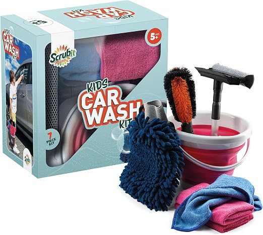 Kids Car Wash Activity Kit – 7 Kid-Sized Carwash Accessories Gifts for Boys & Girls Ages 5 6 7 8-10 - Outdoor Fun Toys –