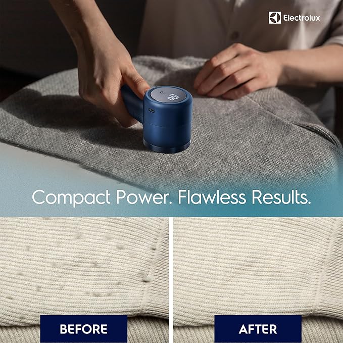 Electrolux Rechargeable Fabric Shaver | Compact Travel Lint Remover for Clothes & Furniture | Eliminates Fuzz & Pilling | 3-Speed Electric Lint Shaver with Type-C Fast Charging Port - Blue