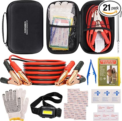 Car Emergency Kit with Battery Jumper Cables, Black