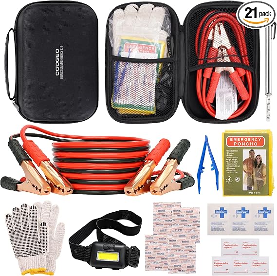 Car Emergency Kit with Battery Jumper Cables, Black