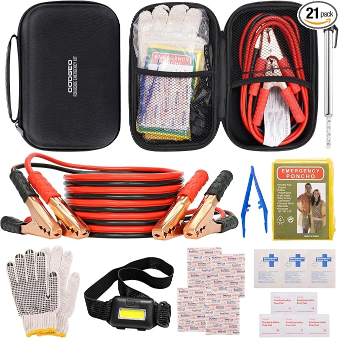 Car Emergency Kit with Battery Jumper Cables, Black