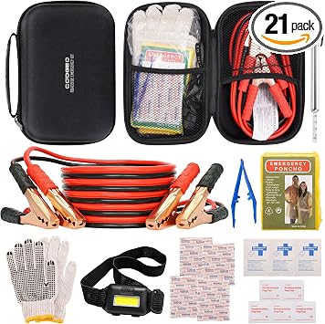 Car Emergency Kit with Battery Jumper Cables, Black