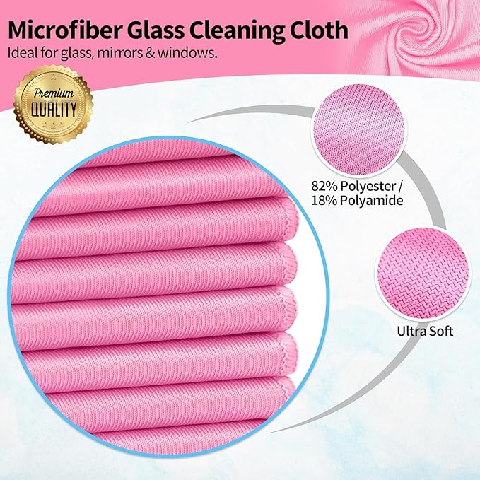 Microfiber Cleaning Cloth - 6 Pack Glasses Cleaning Cloth, 16" x 14" Window Cleaning Rags, Streak Free Lint Free Polishing Cloths Wipes for Eye Glass, Stainless Steel, Windshield, Pink
