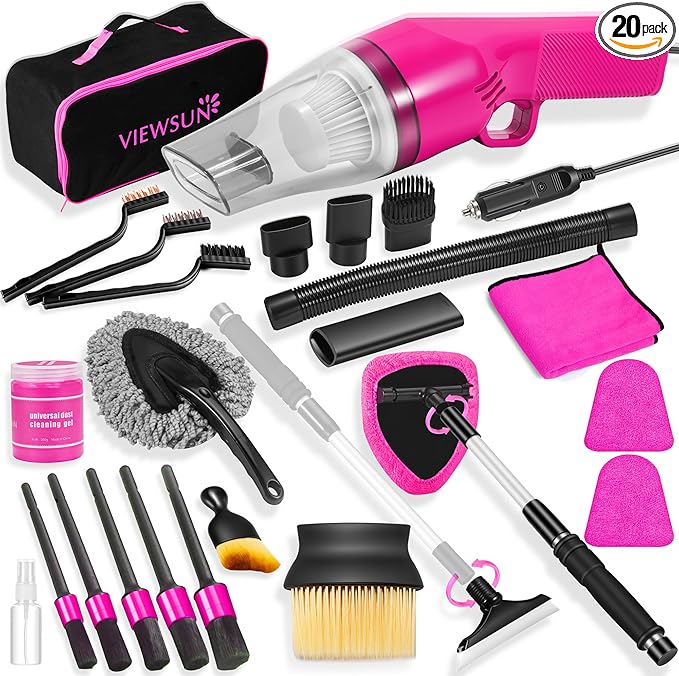 20PCS Pink Car Cleaning Kit, Car Interior Detailing Kit with Red High Power Handheld Vacuum, Detailing Brush Set, Windshield Cleaner, Cleaning Gel, Complete Auto Accessories for Women