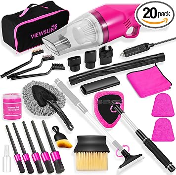 20PCS Pink Car Cleaning Kit, Car Interior Detailing Kit with Red High Power Handheld Vacuum, Detailing Brush Set, Windsh