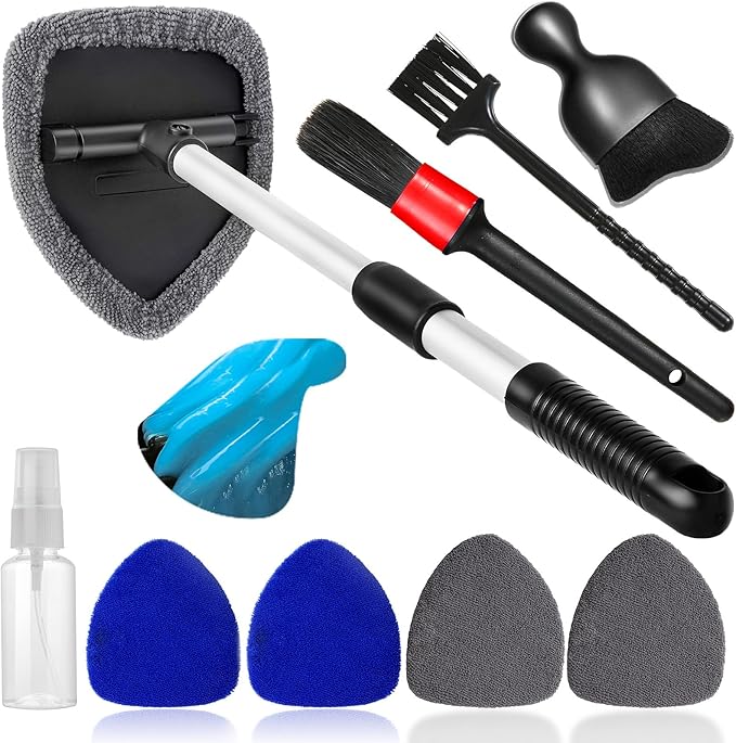 Qydipclin 10pcs Windshield Cleaner Tool, Car Window Cleaning Wash Kit with 4 Reusable Microfiber Pads 1 Spray Bottle and Extendable Handle Auto Glass Wiper Kit, Blue&Gray