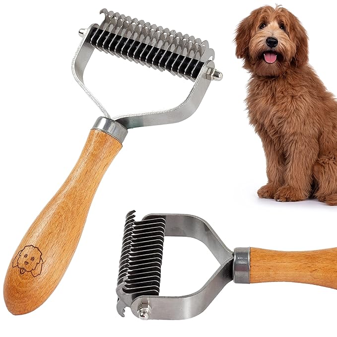 Pet Dematting Comb for Dogs and Cats with Wood Handle, Deshedding Undercoat Rake with Stainless Steel Blades, Pet Comb for Detangling Thinning and Shedding, All Hair Types [We Love Doodles]