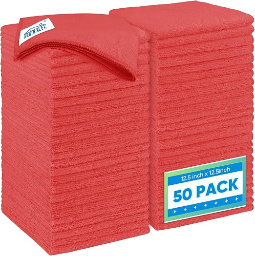 HOMEXCEL Red Microfiber Cleaning Cloth 50 Pack, 12.5 x 12.5 inch Microfiber Towels for Cars, Ultra Absorbent Car Washing