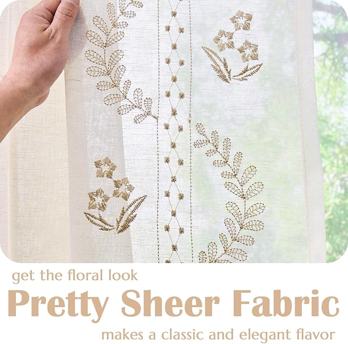 jinchan Belrose Sheer French Door Curtain Embroidered Farmhouse Linen Curtain for Patio Light Filtering for Door Window Closet Rod Pocket 40 Inches 1 Panel Taupe on Beige