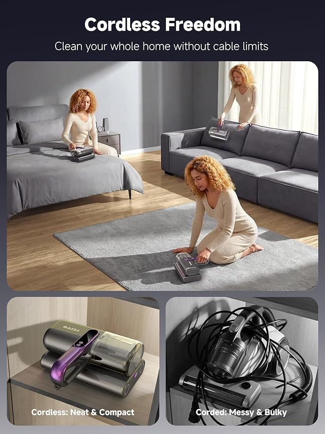 FEPPO Cordless Mattress Vacuum Cleaner, 18Kpa Bed Vacuum with 253.7nm UV-C Light, Ultrasonic, Dust Sensor & LED Display, 52800 BPM Handheld Vacuums for Bed, Sofa, Couch, Crib