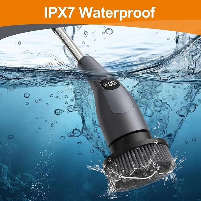 LIVINGPRO Electric Spin Scrubber with LCD Display, Cordless Cleaning Scrubber for Home, Upgraded 70W High-Power Motor, IPX7 Waterproof Dual Speed Power Scrubber, 7 Brush Heads, Extendable Long Handle