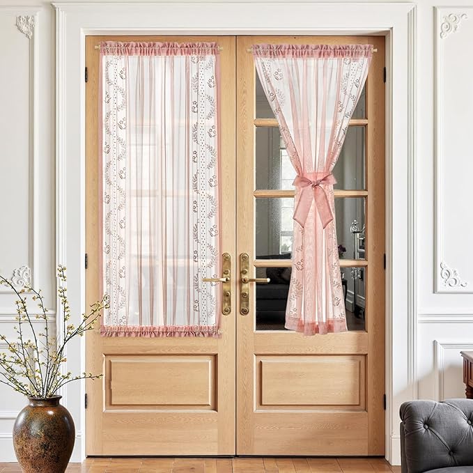 jinchan Semi Sheer French Door Curtain with Tie Up Bows Floral Embroidered Voile Privacy Curtain for Patio Door Closet Sliding Glass Door Rod Pocket 72 Inch 1 Panel Pink