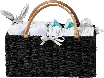 HBlife Large Baby Diaper Caddy Organizer, Paper Rope Storage Baskets Nursery Bin with Removable Divider, Portable Car Or