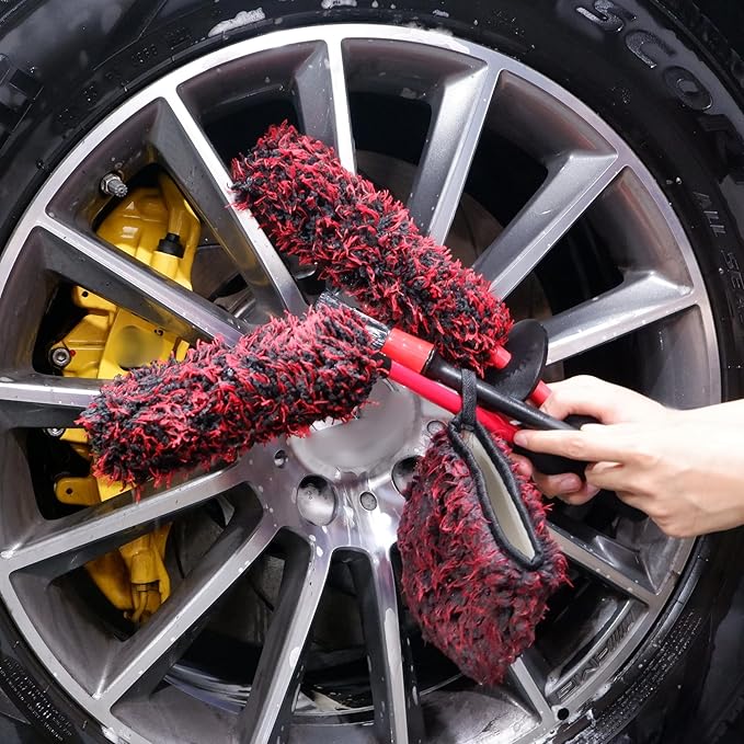 oesee Metal Free Microfiber Wheel Brush Kit- Microfiber Angled Wheel Brush, Long Handle Wheel Brush, Tire& Detailing Brush, Wheel Wash Mitt. Hands-On Wheel Detailing Kit for Daily Wheel Cleaning