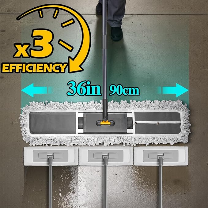 MASTERTOP Commercial Mop, 36'' Large Dust Mop,Heavy Duty Industrial Push Mops with 3 Reusable Microfibre Pads & 62'' Adjustable Handle for Home,Hotel,Mall,Warehouse