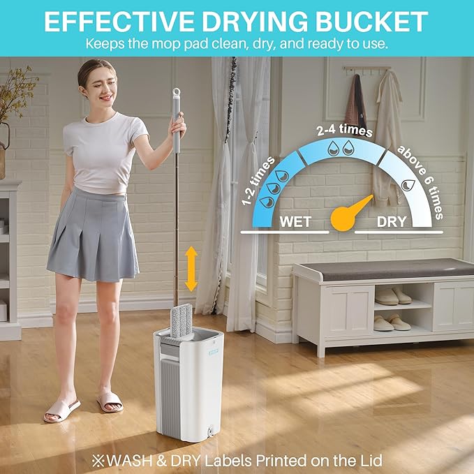 JOYMOOP Flat Mop System, 8L Mop and Bucket Set with Extension Handle, White, Large Capacity Floor Cleaning Mop for Household & Commercial Use, Includes 5 Microfiber Pads for Wet & Dry Cleaning