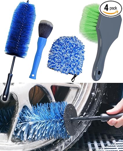 oesee Car Wheel Cleaning Kit: Wheel and Rim Flagged Tip Brush, Bendable Barrel Brush, Wheelie Mitt, Scratch-Free Detail 
