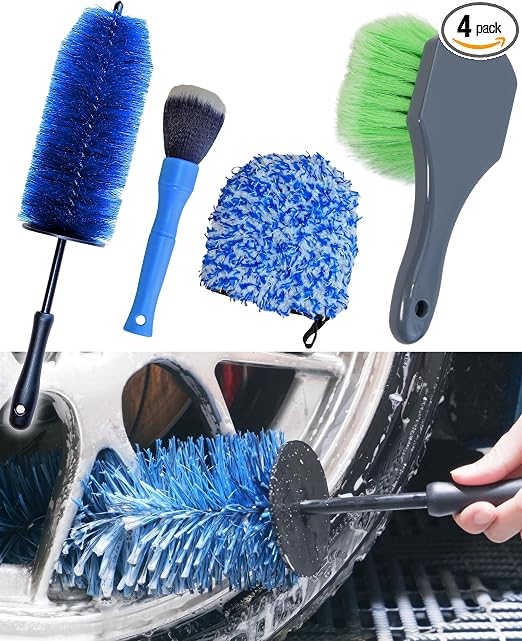 oesee Car Wheel Cleaning Kit: Wheel and Rim Flagged Tip Brush, Bendable Barrel Brush, Wheelie Mitt, Scratch-Free Detail 
