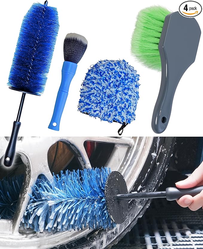 oesee Car Wheel Cleaning Kit: Wheel and Rim Flagged Tip Brush, Bendable Barrel Brush, Wheelie Mitt, Scratch-Free Detail Brush for Rims & Tires - Durable & Multipurpose Clean Wheel Hard to Reach Areas