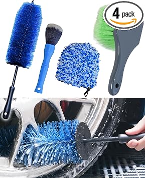 oesee Car Wheel Cleaning Kit: Wheel and Rim Flagged Tip Brush, Bendable Barrel Brush, Wheelie Mitt, Scratch-Free Detail 