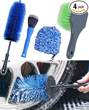 oesee Car Wheel Cleaning Kit: Wheel and Rim Flagged Tip Brush, Bendable Barrel Brush, Wheelie Mitt, Scratch-Free Detail 