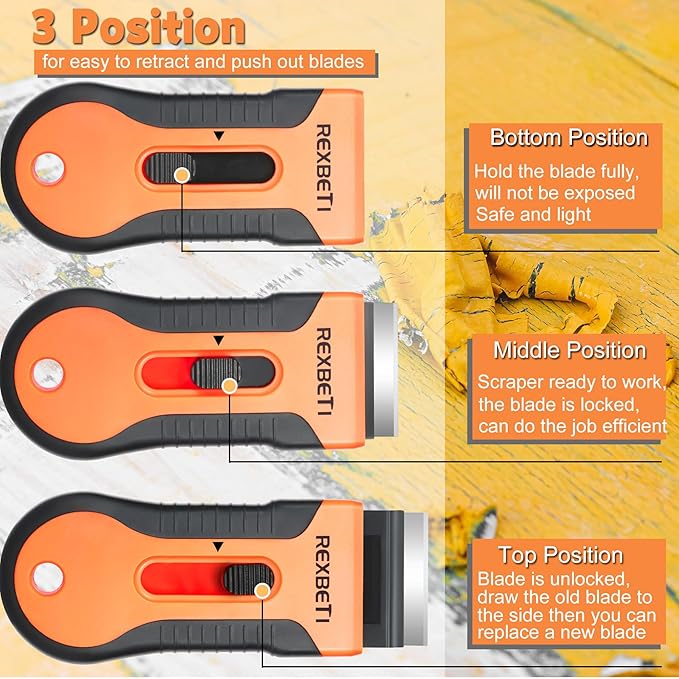 REXBETI Razor Blade Scraper Tool, 2 Pack Razor Scraper Set with Extra 80Pcs Razor Blades -30Pcs Metal and 50Pcs Plastic Blades, Cleaning Scraper Tool, Cooktop, Paint, Glass Scraper