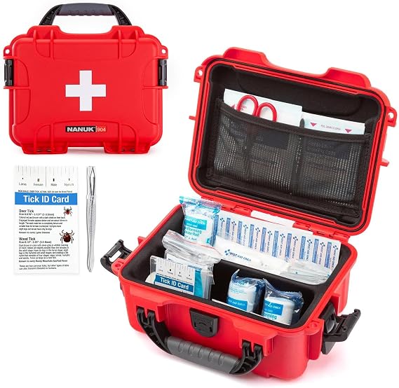 NANUK 904 Waterproof First Aid Kit 110pcs – Durable, Pre-Stocked First Aid Emergency Kit with Bandages, Tick Removal Too