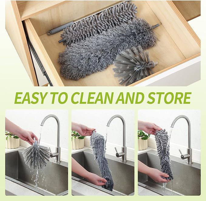 IVYROLL Cobweb Duster with Extension Pole, 100'' Microfiber & Chenille Ceiling Cleaner Kit, Reusable Feather Duster, Bendable, Washable