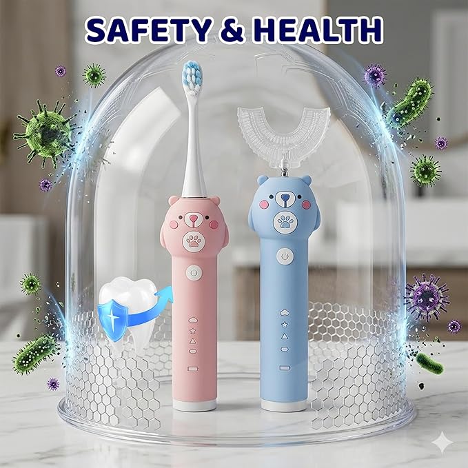 Kids Electric Toothbrush, with 4 Cleaning Modes, with 4 Brush Heads, Toddler U Shaped Toothbrush with 2 Soft Brush Head，Cartoon Bear 360-Degree Cleaning IPX7 Waterproof Design (Ages 2-16)