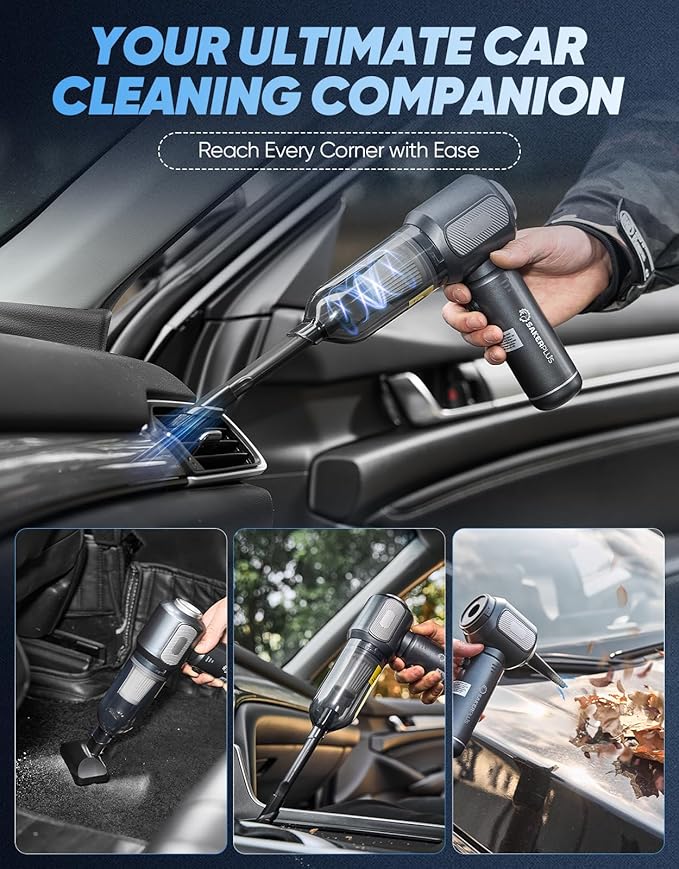 Sakerplus Mini Vacuum Cleaner, Cordless Car Vacuum, 17500PA High Suction, 3 in 1 Handheld Vacuum, Vacuuming, Blowing, Inflating, Deflation, Portable Vaccum with HEPA Filter for Cars,Desktop,Home SW106