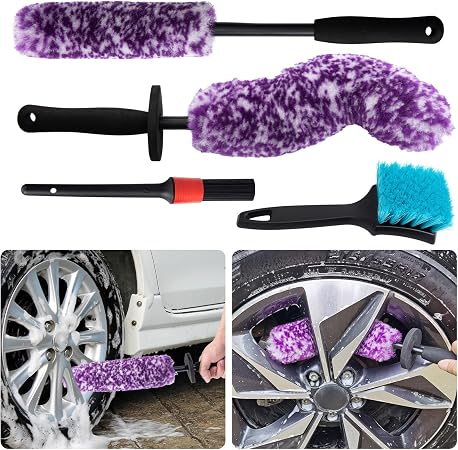4 Pack Wheel Tire Cleaning Brush Kit Cars Motorcycles RVs Trucks Rim Hub Ultra Soft Microfiber No Spatter 360 Bendable S