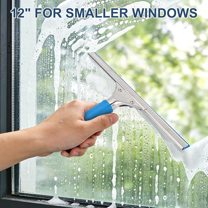 Professional Squeegee for Window Cleaning, 18” Window Squeegee for Shower Glass Door, Stainless Steel Rubber Squeegee Includes 12” Replacement Blades