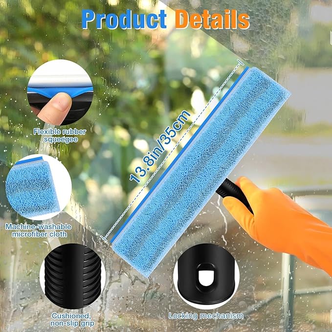 Window Squeegee for Home Window Cleaning – Squeegee and Microfiber Window Scrubber, Glass Squeegee for Shower Glass Door,Mirror,Car Windshield,Bathroom,Household Window Cleaner Tool,13.8",Blue