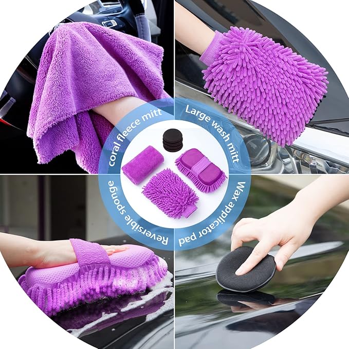 22Pcs Car Wash Cleaning Tools Kit Car Detailing Set with Canvas Bag Purple Collapsible Bucket Wash Mitt Sponge Towels Tire Brush Window Scraper Duster Complete Interior Car Care Kit
