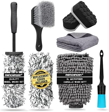 Professional Car Wheel Cleaning Kit with Ultra-Flat Wheel Brush, Tire Brush, Detailing Brush, Chenille Wash Mitt, Tire S