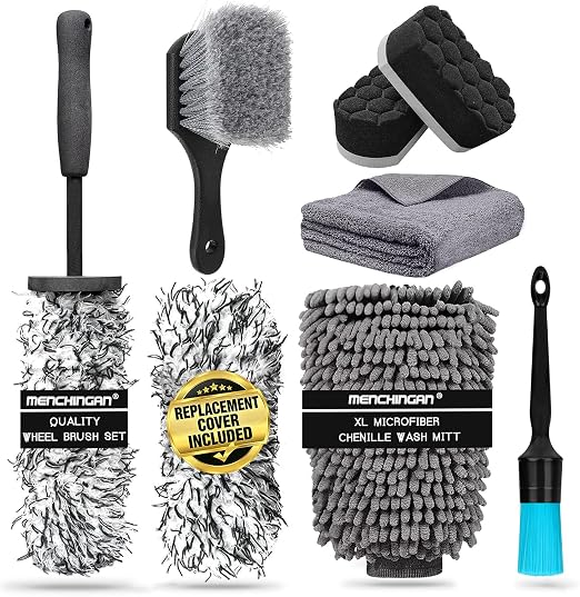 Professional Car Wheel Cleaning Kit with Ultra-Flat Wheel Brush, Tire Brush, Detailing Brush, Chenille Wash Mitt, Tire S